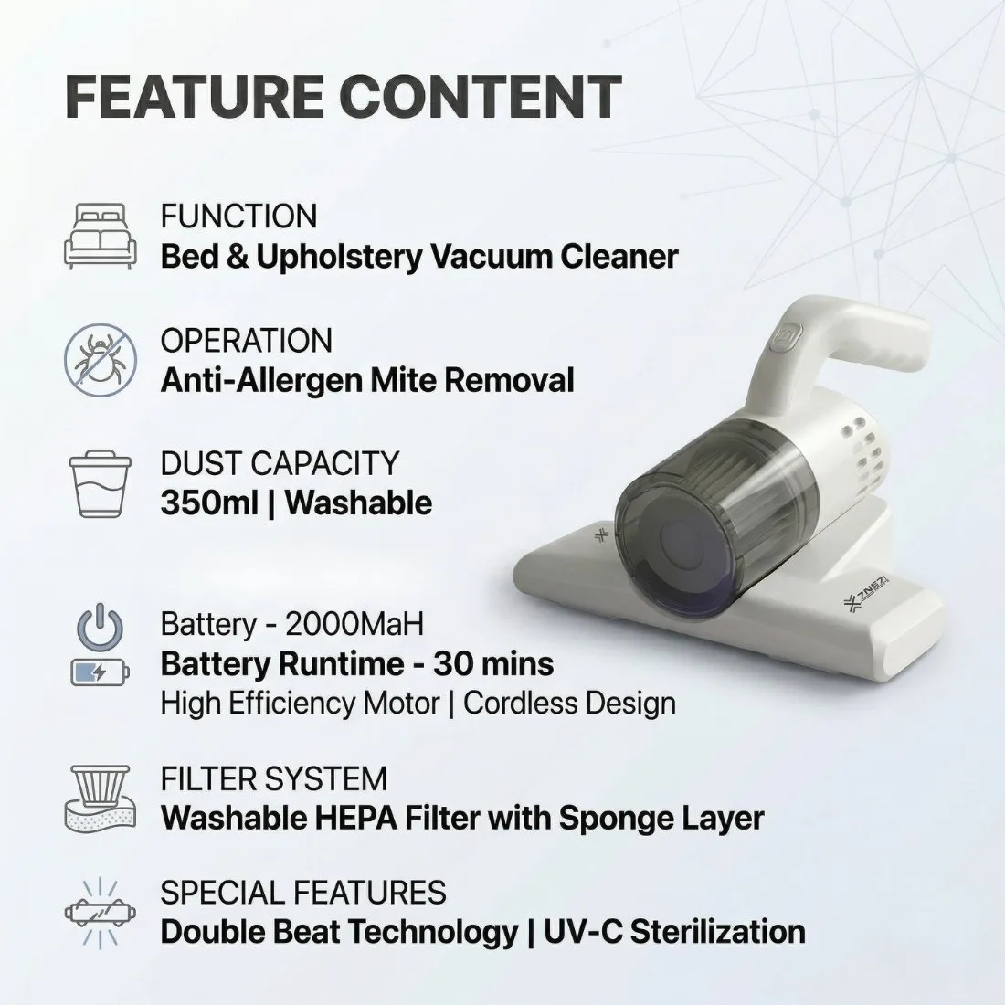 Cordless Vacuum Cleaner for Sofa & Bed | Vacuum Cleaning Machine Handheld | 2800Pa UV Dust Mite Cleaner | 2000mAh Rechargeable | Suitable for Bed, Sofa, Pillow & Other Fabric Surfaces (6/12)