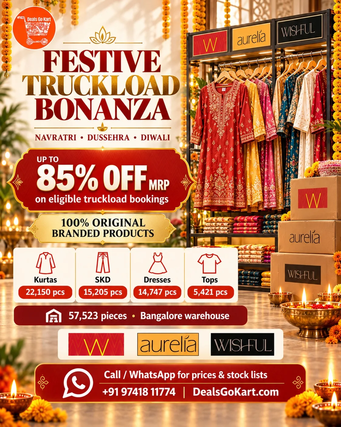 100% ORIGINAL W / AURELIA / WISHFUL - SKDS / KURTIS / DRESSES - FRESH WHOLESALE MIX LOT - (2) AUTHORISED BILL