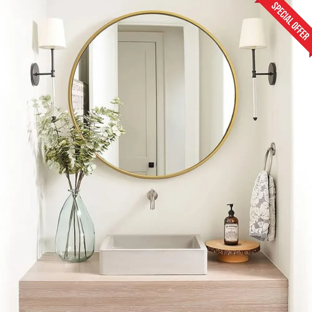 24" inch Gold Round Mirror in Metal Frame 